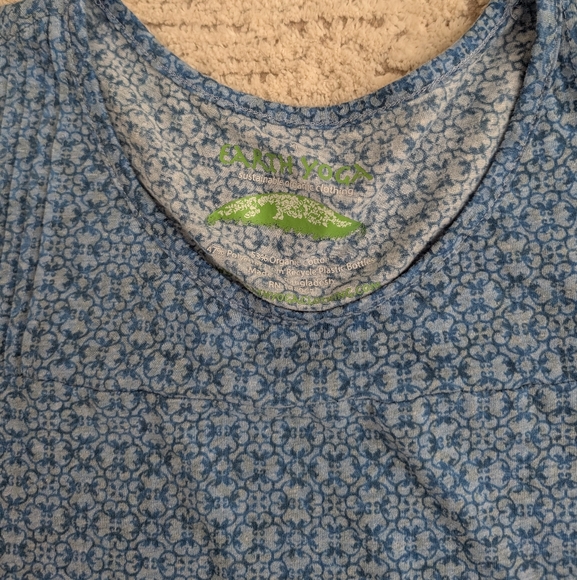 Earth Yoga XL Organic Cotton Blend Cap Sleeve Top Blue Scroll Print Round Neck - Picture 4 of 10